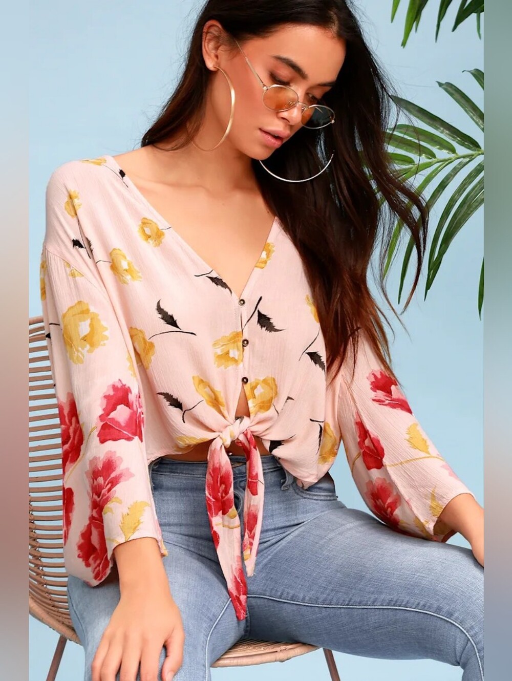 Desert Sunrise Peach Floral Print Button-Up Tie-Front Top